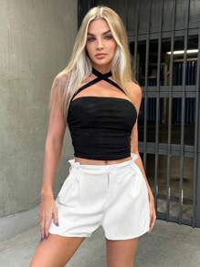 SHEIN BAE 素色紙袋腰短褲 - 白色 - 查看 2