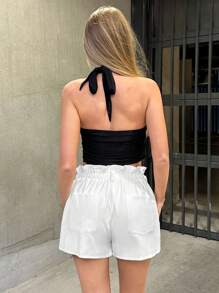 SHEIN BAE 素色紙袋腰短褲 - 白色 - 查看 3