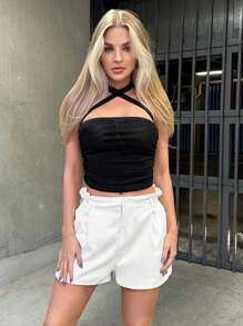 SHEIN BAE 素色紙袋腰短褲 - 白色 - 查看 5