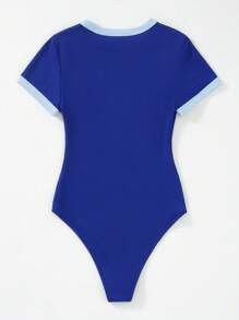 SHEIN EZwear Plus Slogan Graphic Contrast Binding Bodysuit - Blue - View 2
