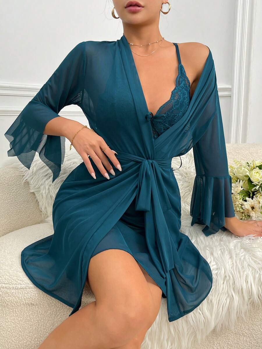 Contrast Lace Mesh PJ Set / Pajama Set - Teal Blue - View 1