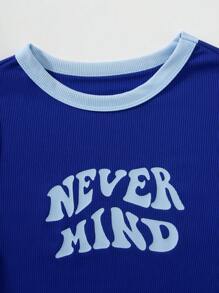 SHEIN EZwear Plus Slogan Graphic Contrast Binding Bodysuit - Blue - View 4