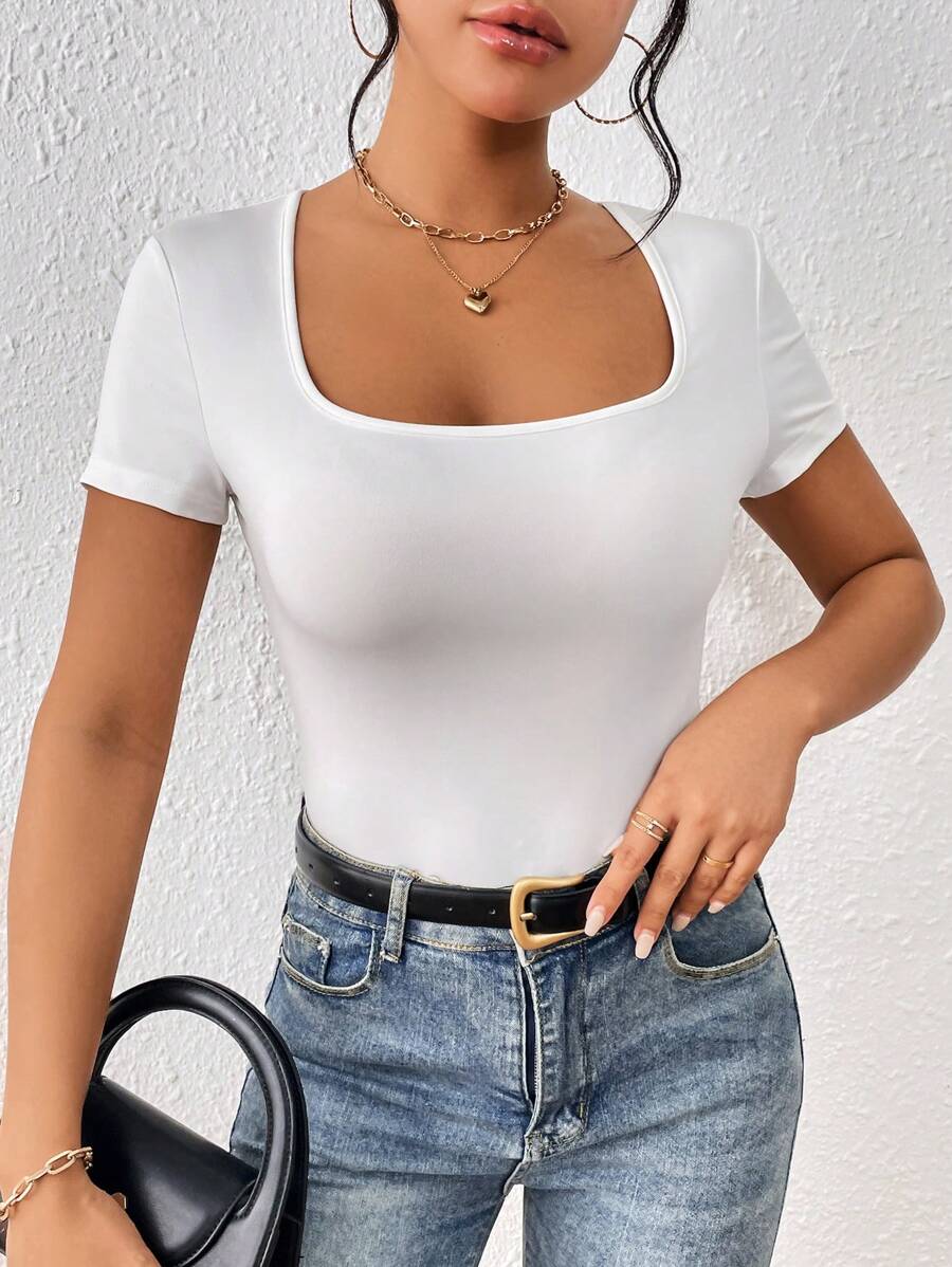 SHEIN Tall Solid Scoop Neck Bodysuit - White - View 1