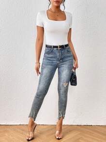 SHEIN Tall Solid Scoop Neck Bodysuit - White - View 3