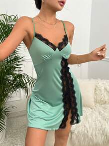 SHEIN Ren tương phản Viền chia cắt Váy ngủ hai dây - Màu xanh Bạc hà - Xem 1