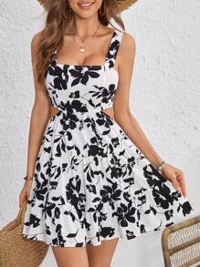 SHEIN VCAY 印花後背繫帶吊帶連衣裙 - 黑與白 - 查看 1