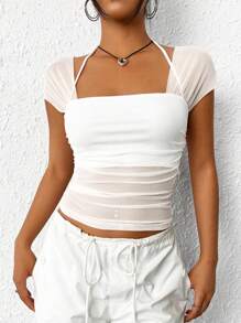 SHEIN EZwear Chất rắn Xù Lớp phủ lưới Áo phông Crop - trắng - Xem 1