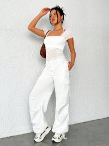 SHEIN EZwear Chất rắn Xù Lớp phủ lưới Áo phông Crop - trắng - Xem 3