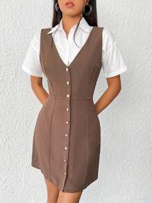 SHEIN Qutie 前紐扣背心洋裝不帶襯衫 - 棕色 - 查看 4