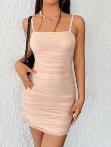 SHEIN EZwear Chất rắn Xù Lưới Váy Cami Bodycon - Màu be - Xem 3