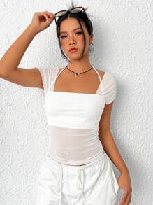 SHEIN EZwear Chất rắn Xù Lớp phủ lưới Áo phông Crop - trắng - Xem 6