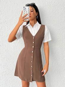 SHEIN Qutie 前紐扣背心洋裝不帶襯衫 - 棕色 - 查看 3