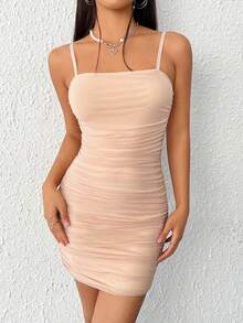 SHEIN EZwear Chất rắn Xù Lưới Váy Cami Bodycon - Màu be - Xem 7