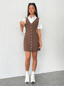 SHEIN Qutie 前紐扣背心洋裝不帶襯衫 - 棕色 - 查看 1