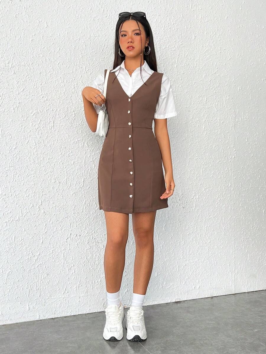 SHEIN Qutie 前紐扣背心洋裝不帶襯衫 - 棕色 - 查看 1