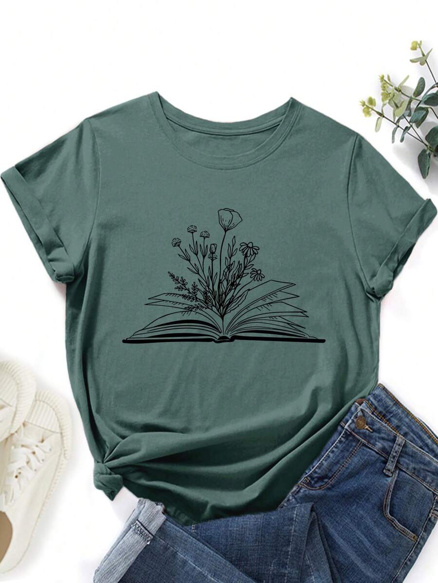 INAWLY Plus Book And Floral Print Tee - Dark Green - View 1