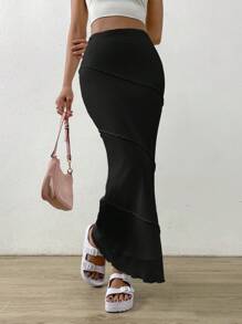 SHEIN EZwear 魚尾裙下擺木耳邊魚尾短裙 - 黑色 - 查看 1