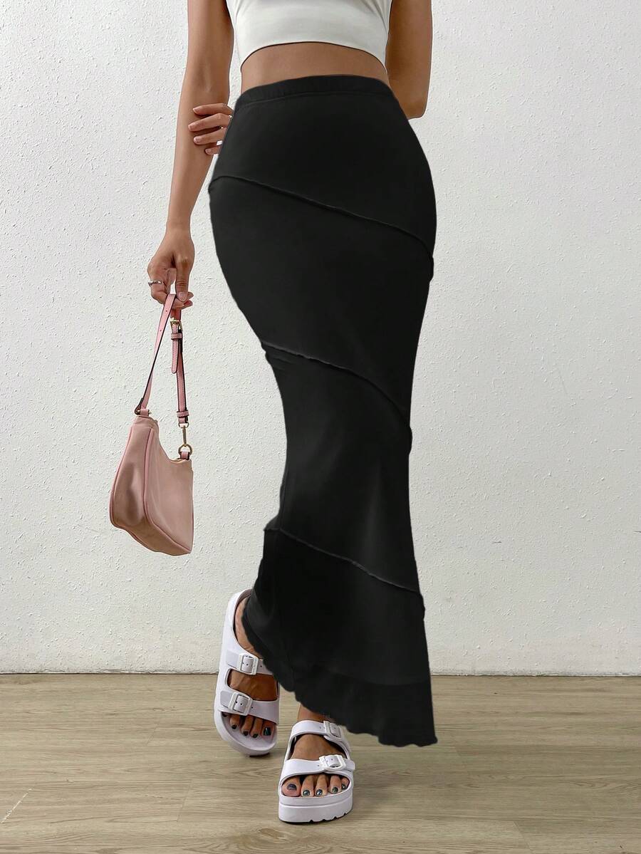 SHEIN EZwear 魚尾裙下擺木耳邊魚尾短裙 - 黑色 - 查看 1