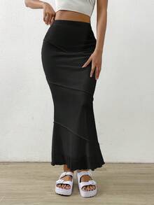 SHEIN EZwear 魚尾裙下擺木耳邊魚尾短裙 - 黑色 - 查看 3
