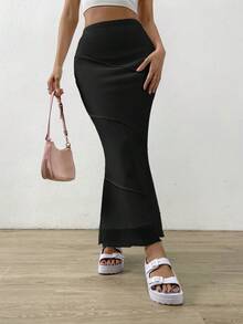 SHEIN EZwear 魚尾裙下擺木耳邊魚尾短裙 - 黑色 - 查看 5