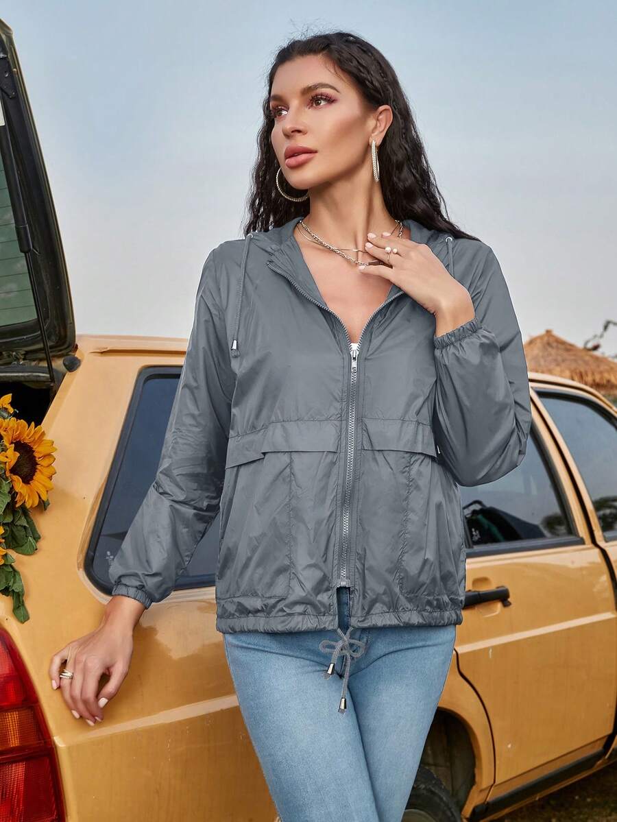 Zip Up Drawstring Hem Hooded Hiking Outdoors Windbreaker Sun-Proof Jacket - Grey - View 1