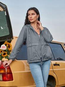 Zip Up Drawstring Hem Hooded Hiking Outdoors Windbreaker Sun-Proof Jacket - Grey - View 5