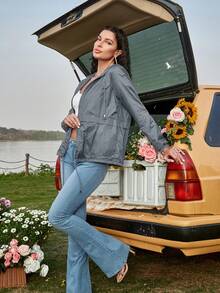 Zip Up Drawstring Hem Hooded Hiking Outdoors Windbreaker Sun-Proof Jacket - Grey - View 6