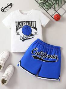 SHEIN Young Boy Basketball & Letter Graphic Tee & Striped Trim Shorts, School, Campus, College - Blue and White - View 1