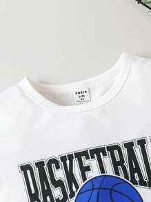 SHEIN Young Boy Basketball & Letter Graphic Tee & Striped Trim Shorts, School, Campus, College - Blue and White - View 3