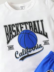 SHEIN Young Boy Basketball & Letter Graphic Tee & Striped Trim Shorts, School, Campus, College - Blue and White - View 6