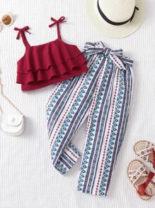 SHEIN Cô Gái Trẻ Vai cung Viền Ruffle Cami ngọn & In Địa lý Thắt lưng Quần - Nhiều màu - Xem 1