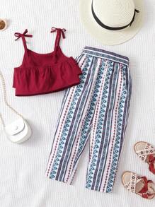 SHEIN Cô Gái Trẻ Vai cung Viền Ruffle Cami ngọn & In Địa lý Thắt lưng Quần - Nhiều màu - Xem 2