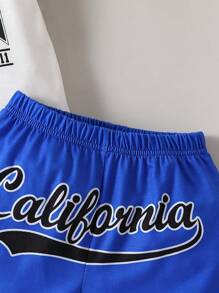 SHEIN Young Boy Basketball & Letter Graphic Tee & Striped Trim Shorts, School, Campus, College - Blue and White - View 8