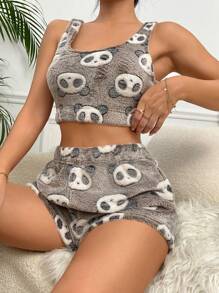 Women's Cute Cartoon Panda Print Scoop Neck Fuzzy Pajama Set With Shorts Sleepwear - Coffee Brown - View 1