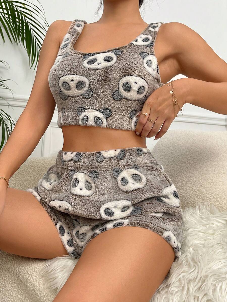 Women's Cute Cartoon Panda Print Scoop Neck Fuzzy Pajama Set With Shorts Sleepwear - Coffee Brown - View 1