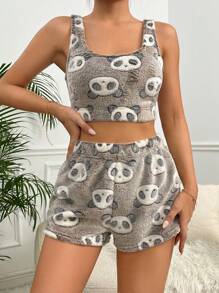 Women's Cute Cartoon Panda Print Scoop Neck Fuzzy Pajama Set With Shorts Sleepwear - Coffee Brown - View 5