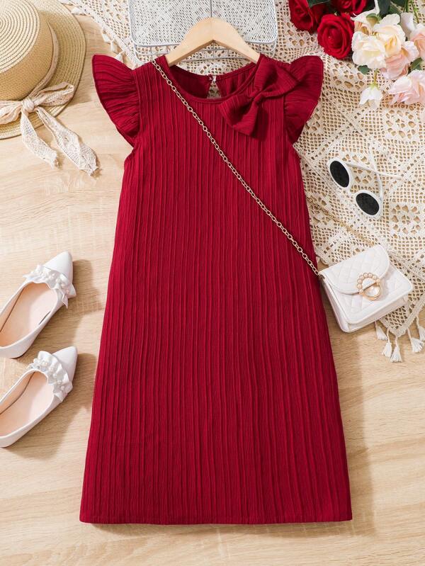 SHEIN Chica preadolescente Vestido con lazo delantero ribete con fruncido