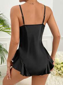 Lace Trim Ruffle Hem Satin Cami Romper - Black - View 2