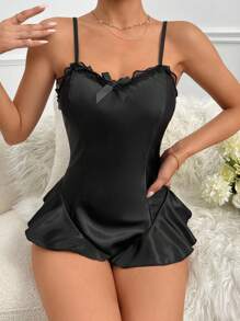 Lace Trim Ruffle Hem Satin Cami Romper - Black - View 7