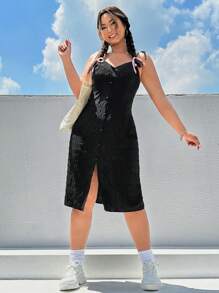 SHEIN Qutie Plus Button Front Cami Dress - Black - View 1