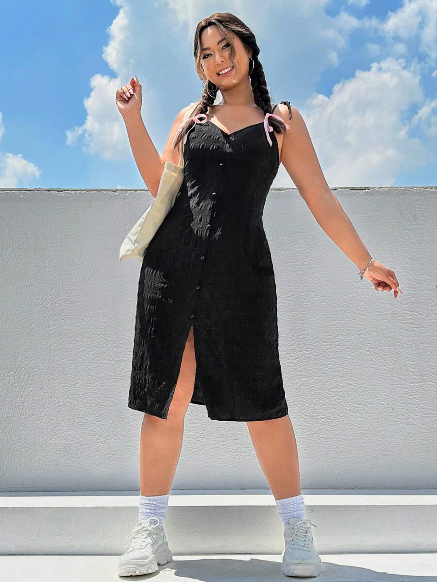 SHEIN Qutie Plus Button Front Cami Dress - Black - View 1