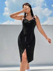 SHEIN Qutie Plus Button Front Cami Dress - Black - View 3