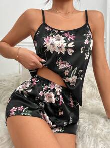 LuxeNights Conjunto de pijama/pijama de satén con estampado floral, vacaciones