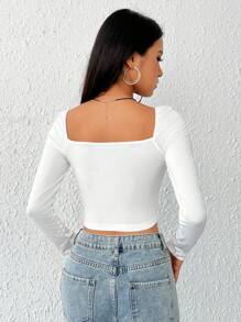 SHEIN EZwear Cổ vuông Nếp gấp Phần Ngực Áo phông Crop - trắng - Xem 2
