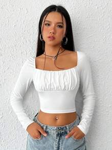 SHEIN EZwear Cổ vuông Nếp gấp Phần Ngực Áo phông Crop - trắng - Xem 6