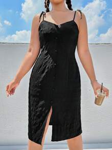 SHEIN Qutie Plus Button Front Cami Dress - Black - View 6