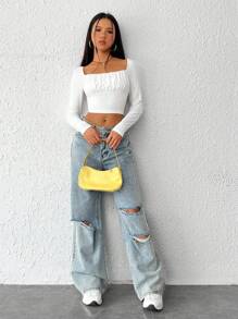 SHEIN EZwear Cổ vuông Nếp gấp Phần Ngực Áo phông Crop - trắng - Xem 7