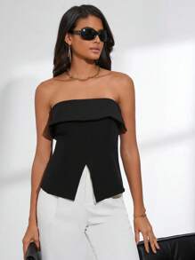 SHEIN Privé 折邊下擺開叉抹胸上衣 - 黑色 - 查看 1