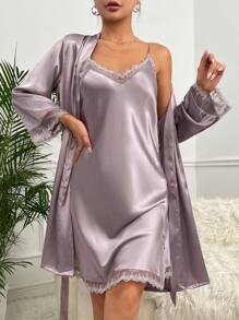 SilkySpell Lace Trim Split Hem Satin Cami Nightdress & Belted Robe Pajama Set, Fall Clothes - Dusty Purple - View 2
