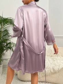 SilkySpell Lace Trim Split Hem Satin Cami Nightdress & Belted Robe Pajama Set, Fall Clothes - Dusty Purple - View 5